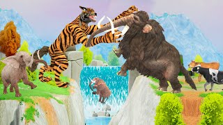 Giant Tiger wolf Attacks Cow Cartoon, Bull, Elephant Saved By Woolly Mammoth