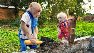 Bibi carries bricks to help dad build a swimming pool for ducks making lala surprised!