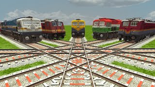 5 INDIAN TRAINS CROSSING ON DIAMOND FORKED RAILROAD TRACKS | Train Simulator | Railroad Crossing