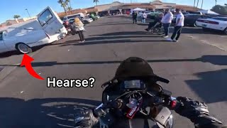 Sportbike Pulls Up to Car Meet