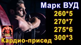 260 кг.*5 + 270*7 + 275*6 + 300*3 Кардио-приседания Марка Вуда