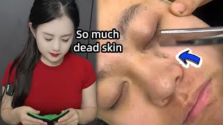 💈ASMR | Removes a lot of dead skin from a man's face. 🪒 Wonderfully skillful wet shave by a beauty！