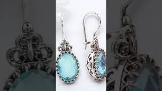 Filigree Art Blue Topaz Gemstone Heart Detailed Women Silver Oval Drop Earrings