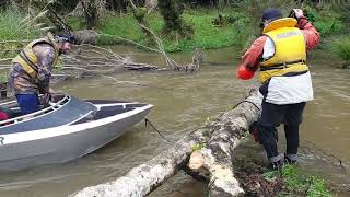 chainsaw in a jetboat stuck in a tree