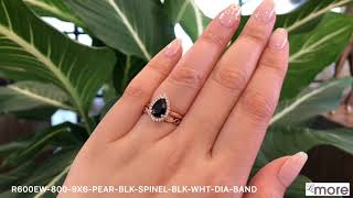 Pear Halo Black Spinel Bridal Set Black White Diamond Band