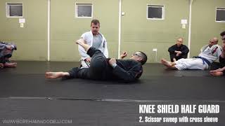 Knee shield half guard:  whizzer sweep, scissor sweep and shaolin sweep