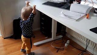 Toddler in trouble with adjustable desk