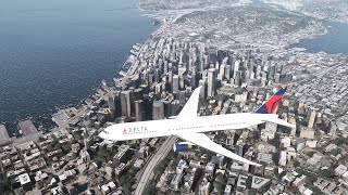 Boeing 767, Delta Airlines, fly over of Seattle, Washington & Puget Sound MSFS 2020