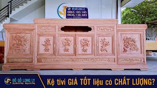 [MỘC] Kệ Tivi kiểu mõ lồi 3 cục đồng tiền - Đục tứ quý, hoa sen - Gỗ hương đá