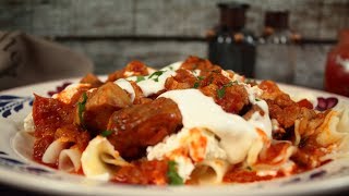 Hungarian Catfish Paprikash with Farmer's Cheese Noodles (Harcsapaprikás Túróscsuszával)