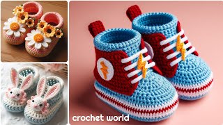 Crochet baby shoes model knitted with wool. Beautiful crochet baby shoes design.