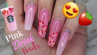 Strawberry pink drink gel nails tutorial  | ombre nails with crystals