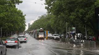 Z3.168 negotiates flooded tram tracks on St Kilda Road