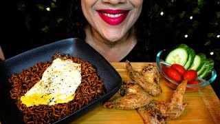 ASMR Fried Egg, Black Bean Noodles, Chicken Wings | Eating Sounds | No Talking