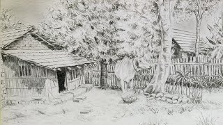 How To Draw Simple Daily Life Scenery In The Village || Easy Pencil Landscape Scenery Art