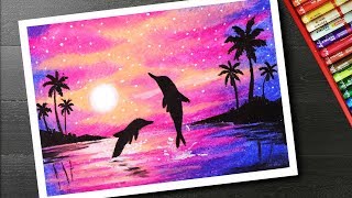 How to draw scenery of pink Sunset with oil pastels