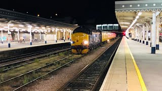 DRS class 37s nos 37407 BR large logo Blackpool tower and Spirit of the lakes 37423 depart Sheffield