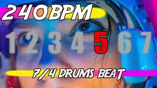 ✅ 240 BPM Backing Track in 7/4 🥁 Ten minutes of drums beat for practicing