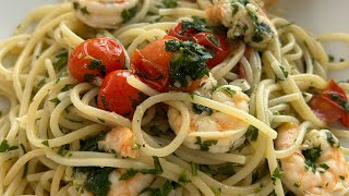 Spaghetti with garlic and parsley and shrimp.