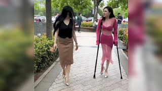 Polio Lady Walking with Her Friend Outside | Paraplecig Woman