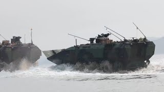 U.S. Marines Maneuver Amphibious Assault Vehicles onto USS Harpers Ferry