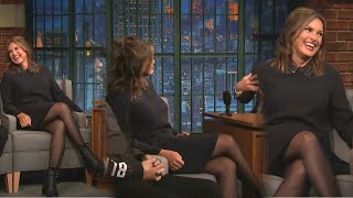 Mariska Hargitay shows her nice legs in black pantyhose on Seth Meyers' late-night talk show.