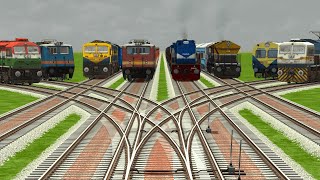 8 INDIAN TRAINS CROSSING ON FORKED BRANCHED RAILROAD TRACKS | Train Simulator | Railroad Crossing