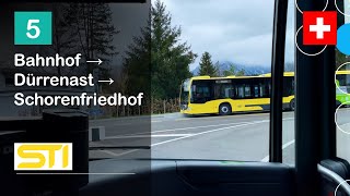 [4K] 🇨🇭 Cab Ride: STI THUN BUS | 5: Bahnhof → Dürrenast → Schorenfriedhof | MB Citaro C2 G Hybrid