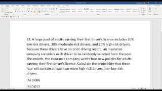 Actuarial SOA Exam P Sample Question 31 (previously 32) Solution