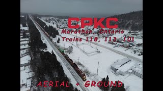 Intermodal Trains in the snow! CPKC 118, 113, 101 on November 29, 2023 at Marathon, Ontario, Canada