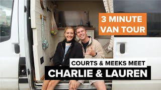 3 Minute VAN TOUR with Charlie & Lauren | STEALTH Transit Build Out with EXTENDING BED design