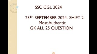 SSC CGL 23 September shift 2 gk questions review and analysis.