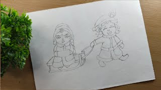 Cute Radha Krishna marry christmas outline drawing/ pencil sketch