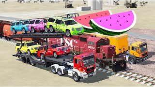 LOAD & TRANSPORT POLICE CARS & GIANT WATERMELON SLICES WITH MAN POLICE TRUCK ! Farming Simulator 22