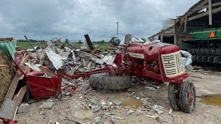 International tractor crushed by a silo