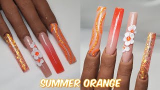 Summer Orange Glitter Ombre Acrylic Nails with 3d Flowers