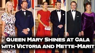 Queen Mary dazzles at the gala dinner with Princess Victoria and Princess Mette-Marit in Germany