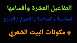 التفاعيل العشرة و اقسامها:  الخماسية- السباعية  /  الاصول-  الفروع  +  مكونات   البيت الشعري