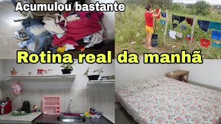 Rotina real da manhã - uma semana sem lavar roupa - acumulou bastante - vlog de dona de casa