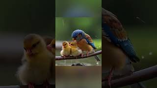 Cute Bird Enjoying Rain With Babies