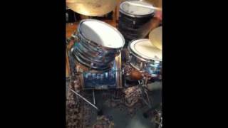 Nawlins Drummer kicking the Ludwig Sky Blue tubs