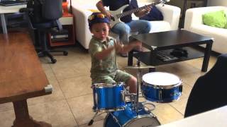 Lucas Tyler Buendia on his first real drum set