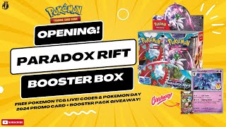 Paradox Rift Booster Box Opening! Pokemon Day Promo card GIVEAWAY! & free Pokemon TCG Live! codes!