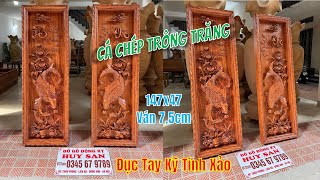 Tranh Cá Chép Trông Trăng 147x47 Ván Liền Dày 7,5cm Đục Tay Kỹ Nét Gỗ Hương Đá