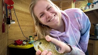 Ice Fishing vlog + AQUA-VU camera + Spearing + Ice Houses +5 lb BASS