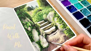 Gouache Painting of Green Garden Landscape With Stone Stairs/ Paint With Me 🌱