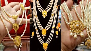 Gold pearl necklace designs with weight | gold moti haar designs | gold rani haar designs