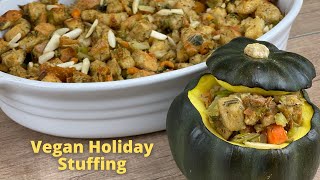 WFPB EASY Oil-Free Classic Vegan Thanksgiving Stuffing Recipe - Casserole or Cooked in Whole Squash