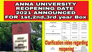 Anna University college reopening date announced 2021 for 1st,2nd,3rd Year clarification video