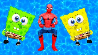 GTA 5 Rainbow Spiderman & Rainbow SpongeBoB Jumping into Swimming Pool